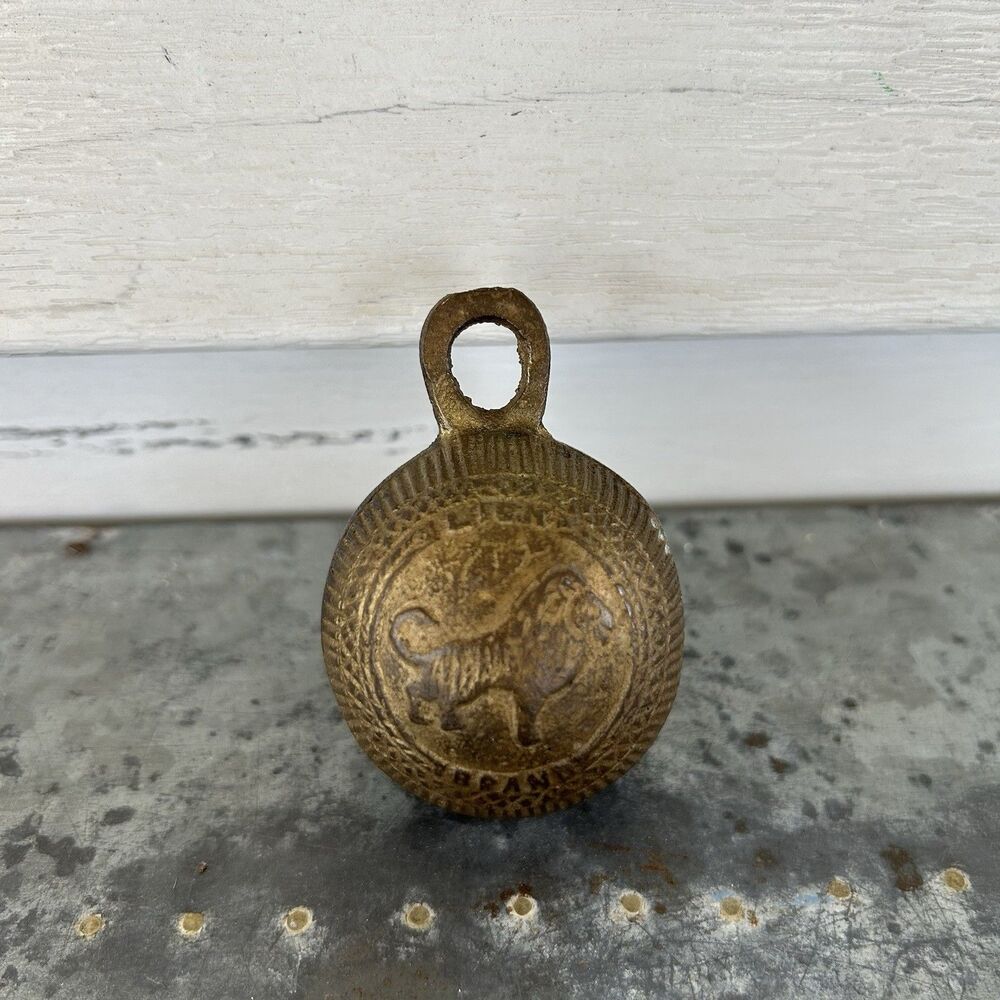 Antique Brass Lion Bell Hand Carved 1.5” Ornament Cow Bell Heavy Patina Crotal